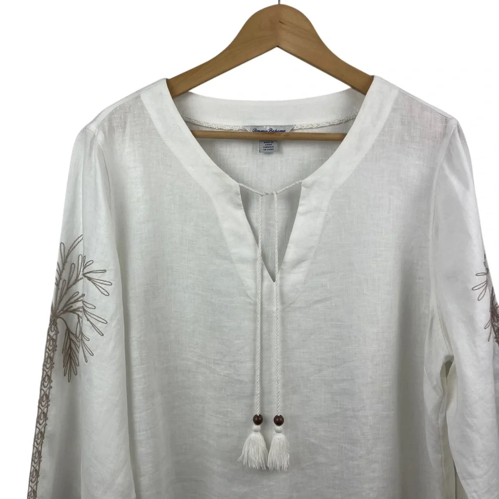 Tommy Bahama Linen Breezy Palms Embroidered Split V-Neck Tassel Tunic Sz M - Picture 8 of 13